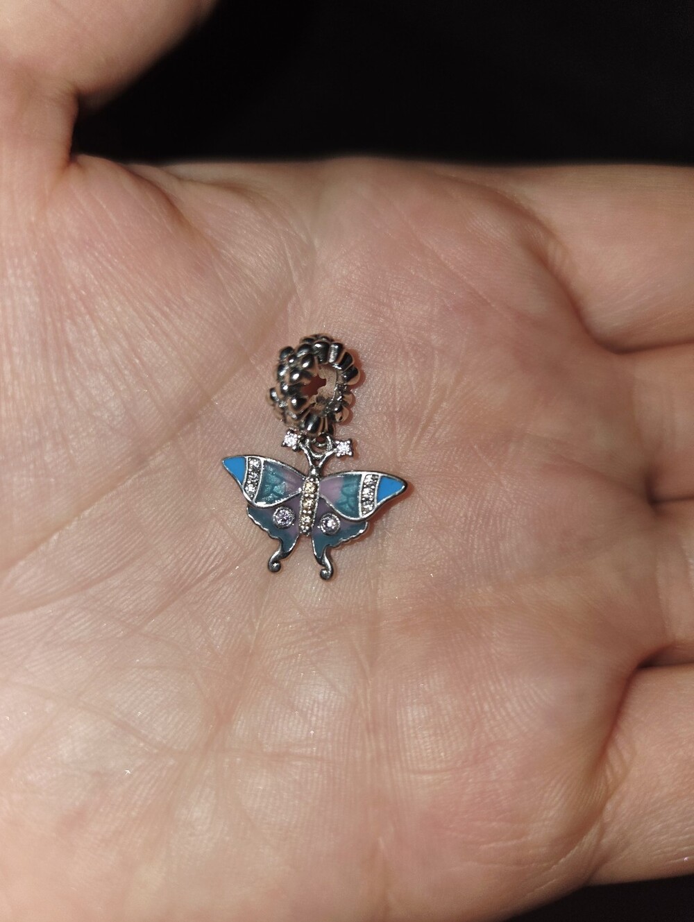 S925 Sterling Silver Blue Enamel Butterfly Dangle Charm – Rhinestone Floral Bead